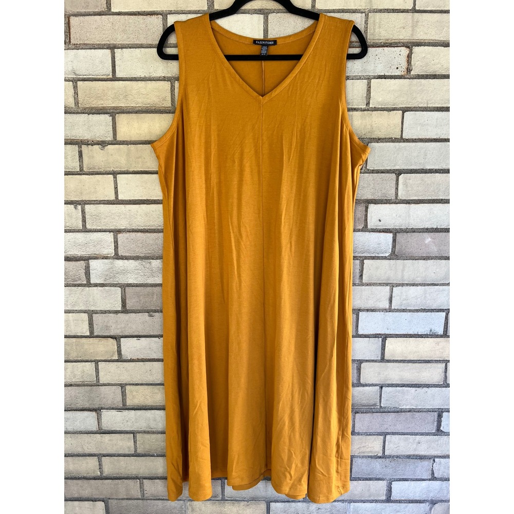 Eileen Fisher Mustard Yellow V-Neck Stretch Knit Sleeveless Jersey Dress Size XL